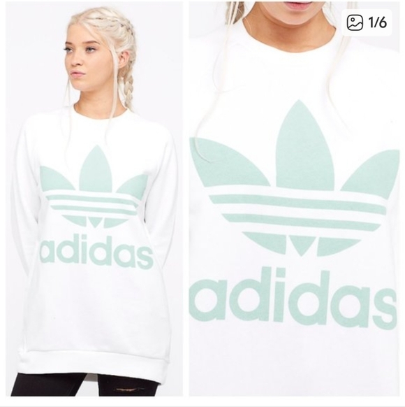 Adidas Women's White Crewneck Sweatshirt with Mint Trefoil Logo - Picture 4 of 12